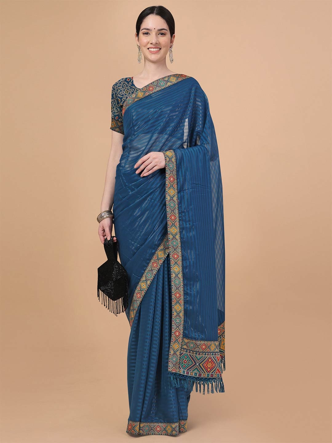 

Mitera Navy Blue & Red Striped Embroidered Art Silk Saree