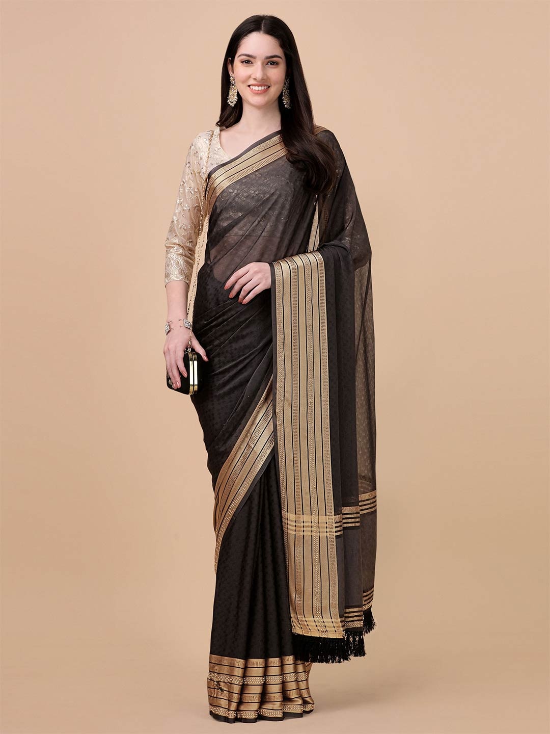 

Mitera Black & Gold-Toned Embellished Zari Saree