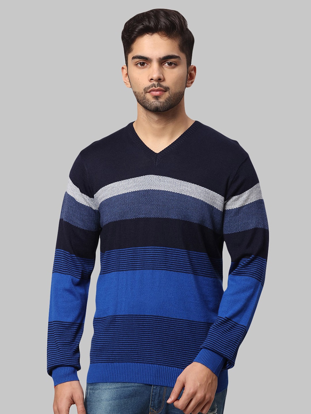 

Park Avenue Men Blue & Navy Blue Striped Pullover