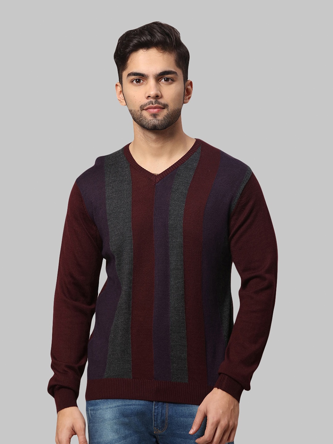 

Park Avenue Men Maroon & Grey Acrylic Striped Pullover