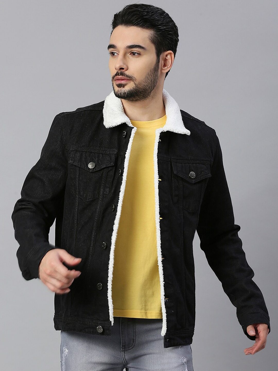

High Star Men Black Off White Cotton Denim Jacket