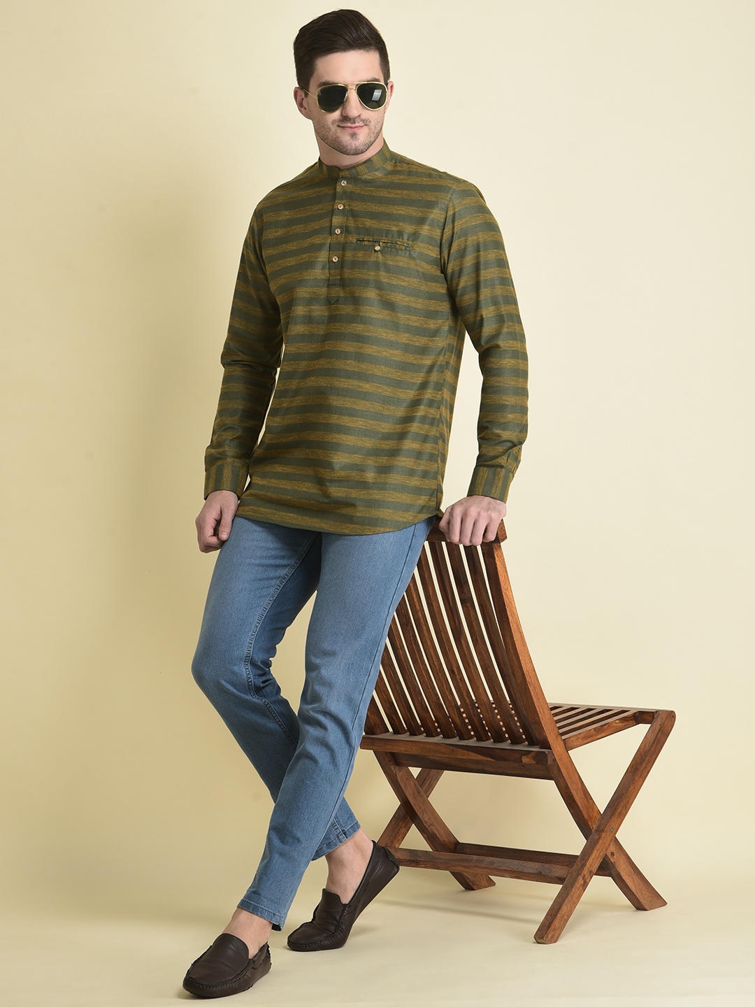 

TABARD Mandarin Collar Striped Straight Fit Cotton Kurta, Green