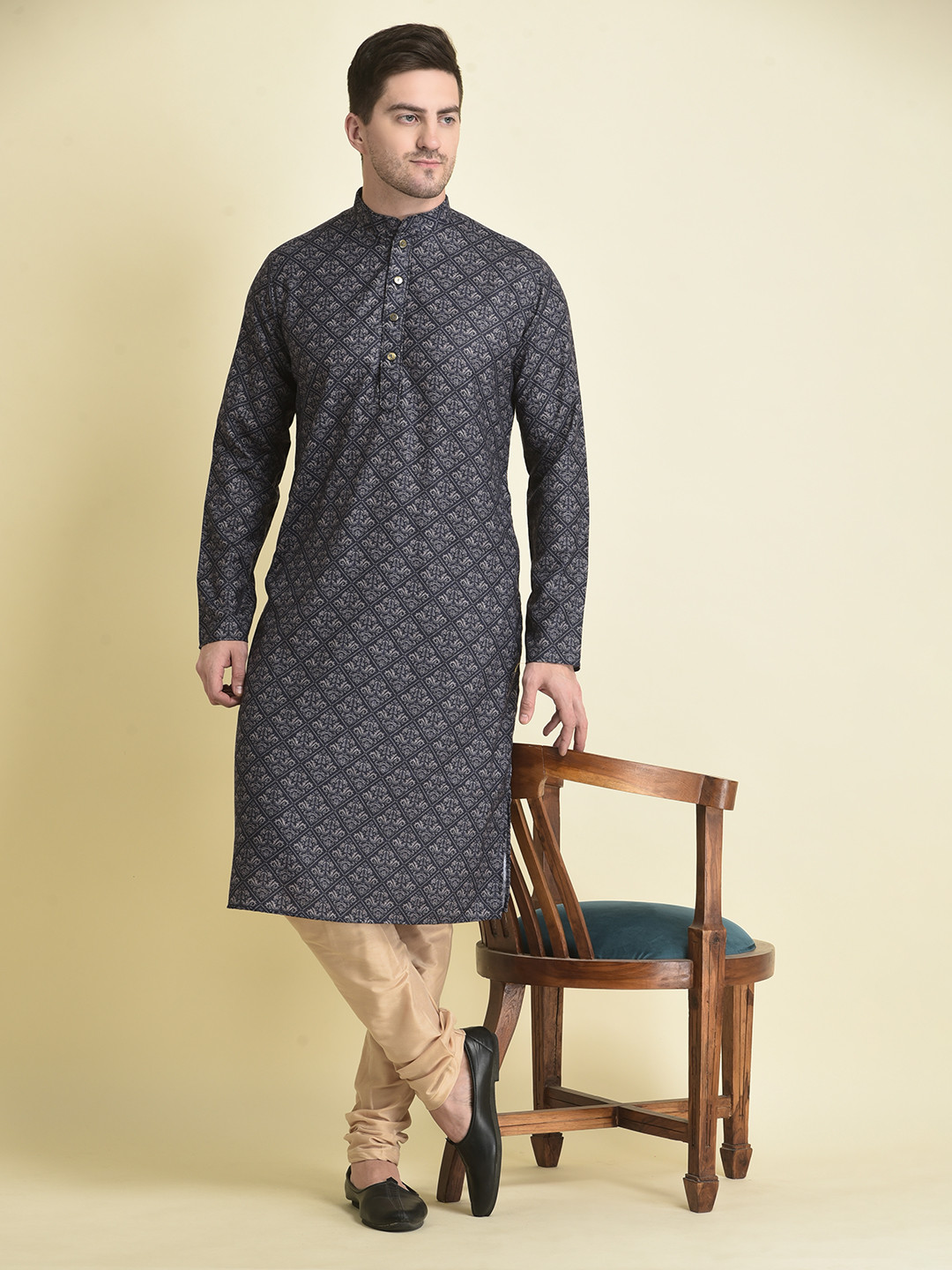 

TABARD Men Cotton Ethnic Motifs Printed Kurta, Navy blue