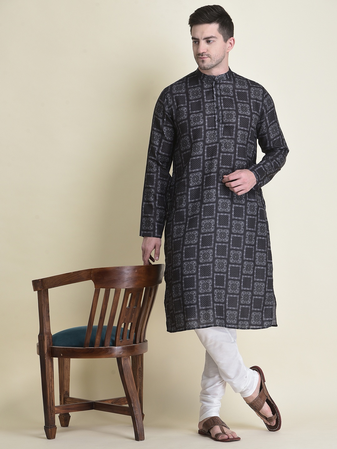 

TABARD Men Cotton Floral Printed Kurta, Black