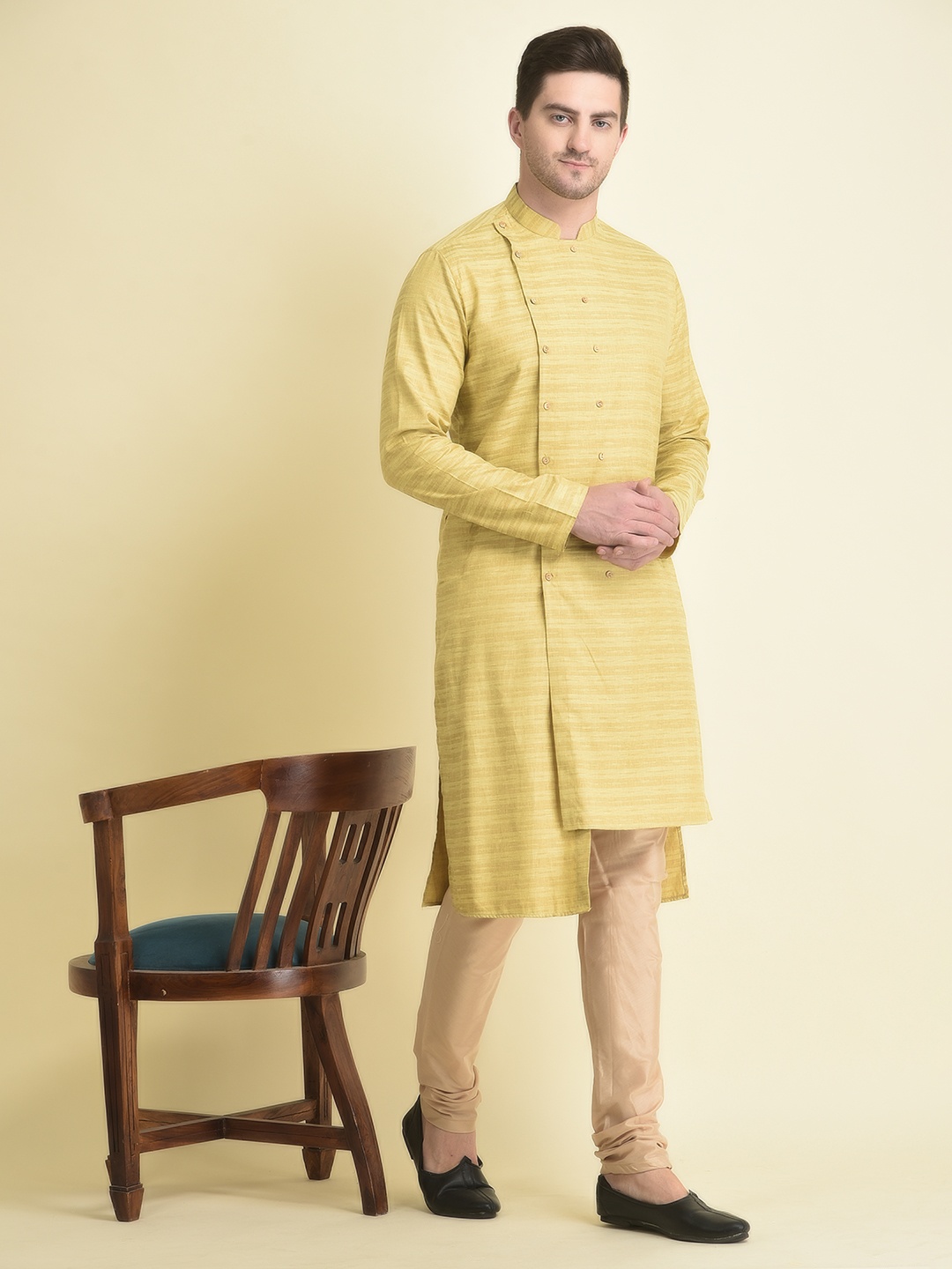 

TABARD Woven Design Mandarin Collar Angrakha A-Line Cotton Kurta, Yellow