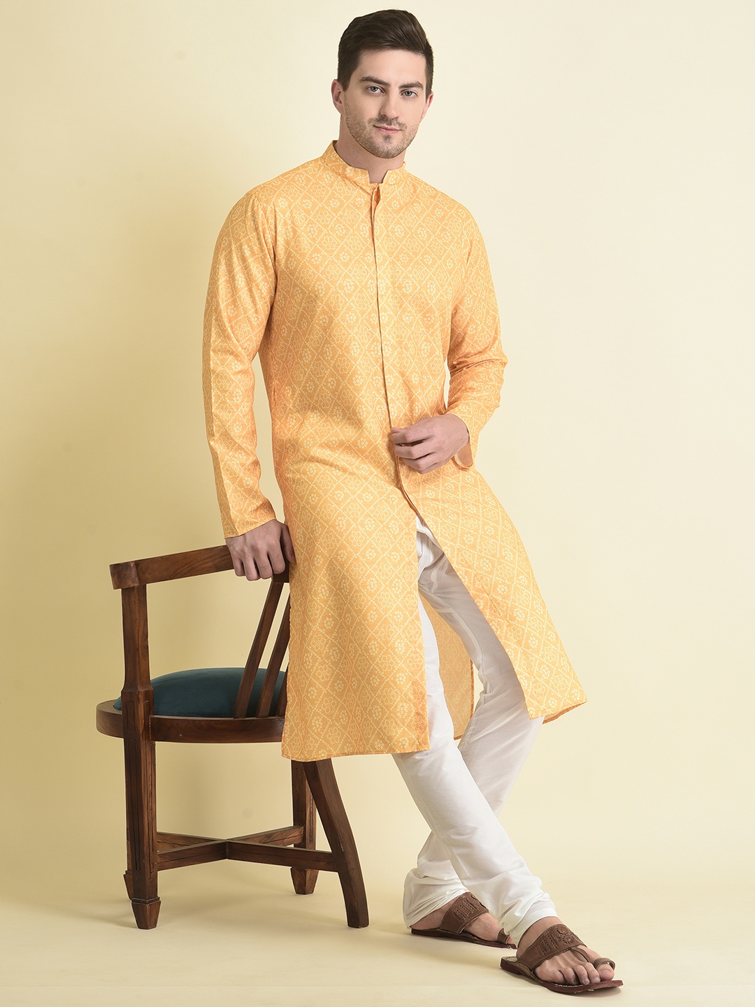 

TABARD Floral Printed Mandarin Collar Straight Pure Cotton Kurta, Yellow