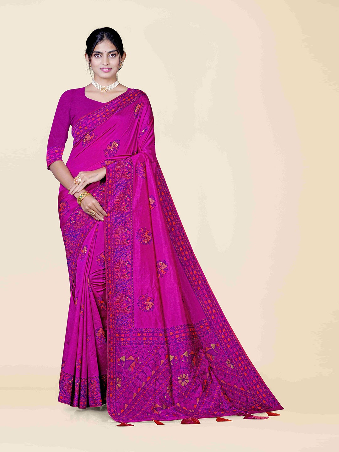 

KAJREE Magenta & Blue Woven Design Silk Blend Baluchari Saree