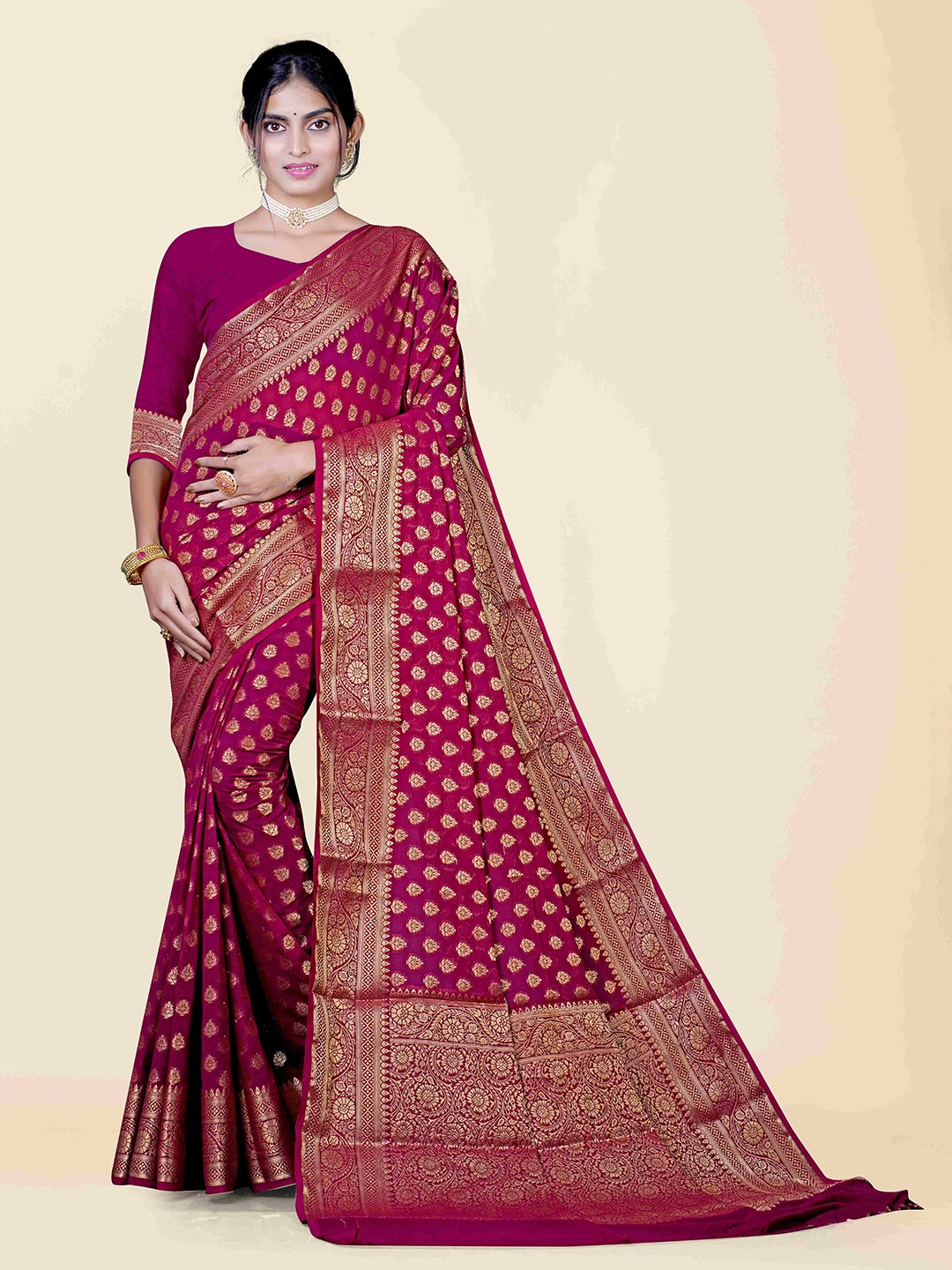 

KAJREE Burgundy & Gold-Toned Woven Design Zari Pure Georgette Banarasi Saree
