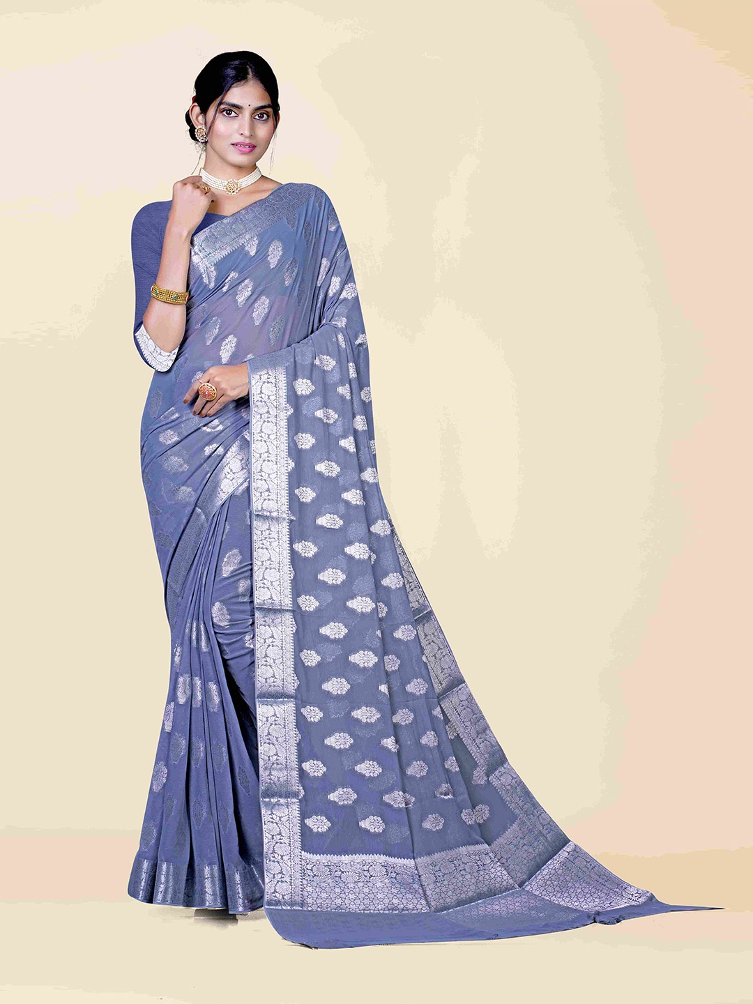 

KAJREE Blue & Silver-Toned Woven Design Zari Pure Georgette Banarasi Saree
