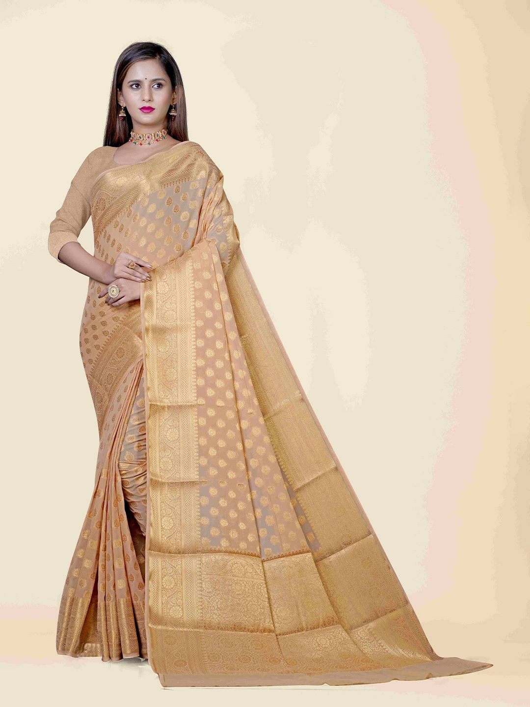 

KAJREE Beige & Gold-Toned Woven Design Zari Pure Georgette Banarasi Saree