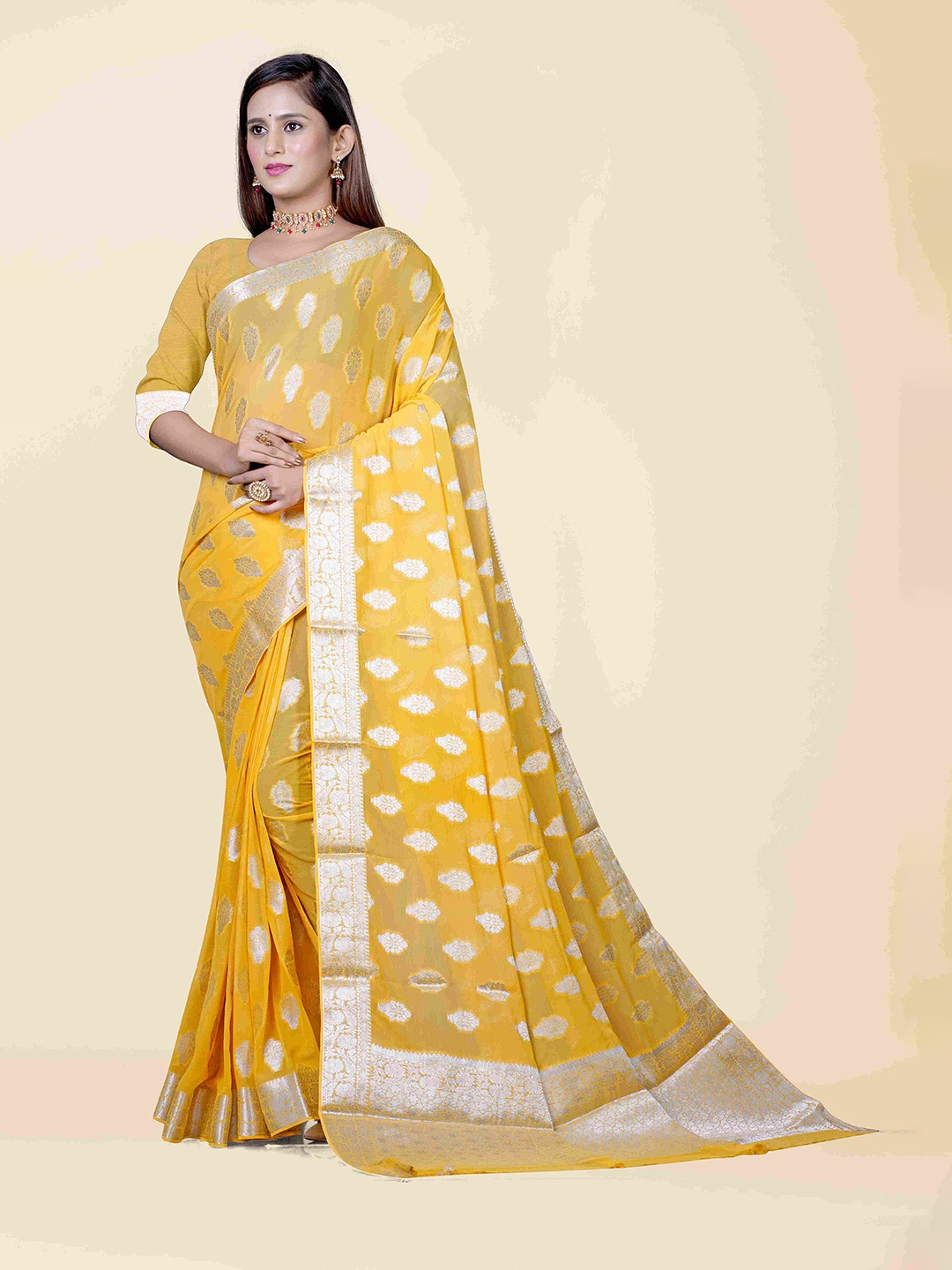 

KAJREE Yellow & Gold-Toned Woven Design Zari Pure Georgette Banarasi Saree