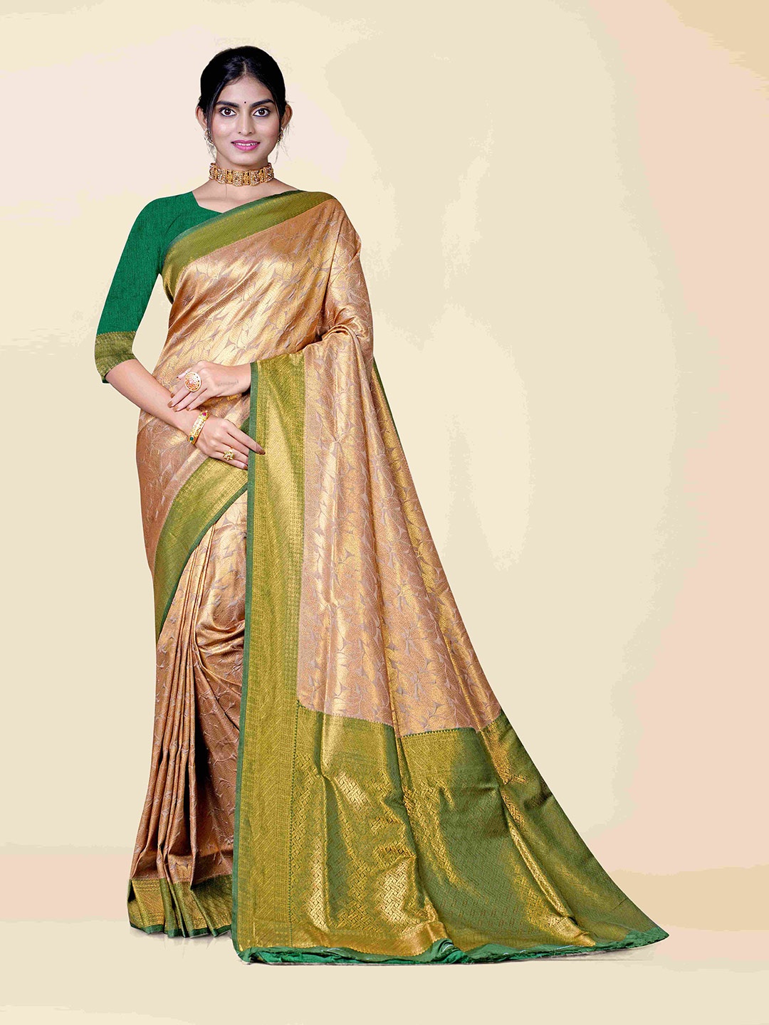 

KAJREE Beige & Green Woven Design Zari Brocade Kanjeevaram Saree