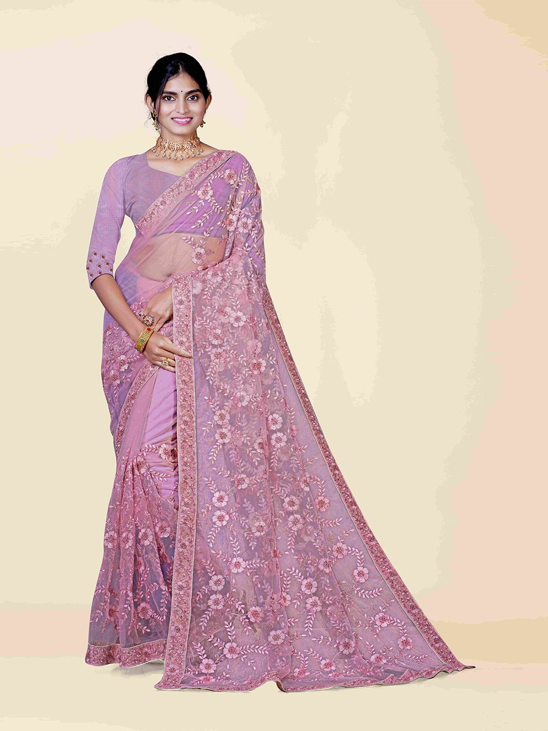 

KAJREE Pink Floral Embroidered Net Jamdani Saree