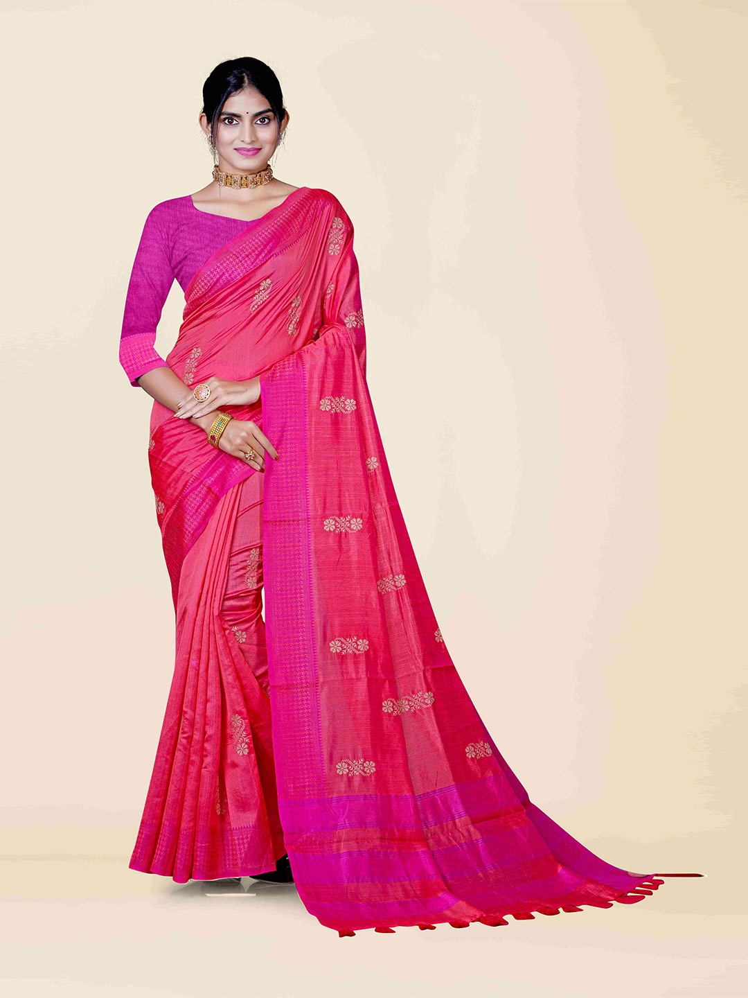 

KAJREE Pink & Purple Floral Embroidered Pure Linen Tussar Saree