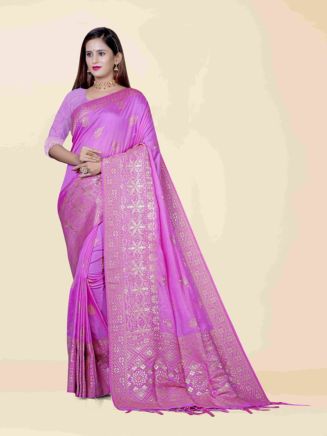 

KAJREE Pink & Gold-Toned Woven Design Zari Pure Silk Uppada Saree