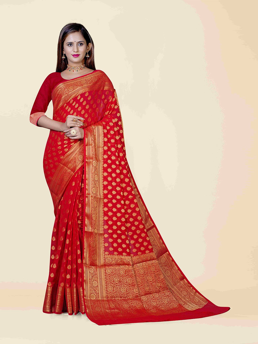 

KAJREE Red & Gold-Toned Woven Design Zari Pure Georgette Banarasi Saree