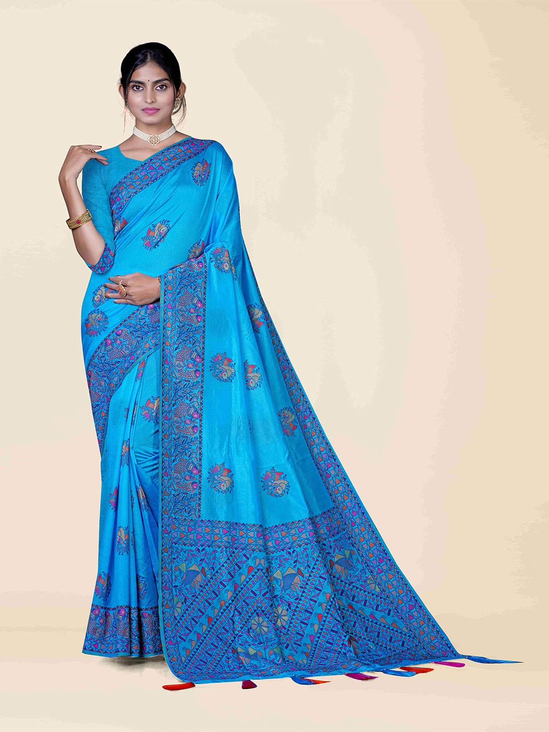 

KAJREE Blue & Gold-Toned Woven Design Zari Silk Blend Baluchari Saree