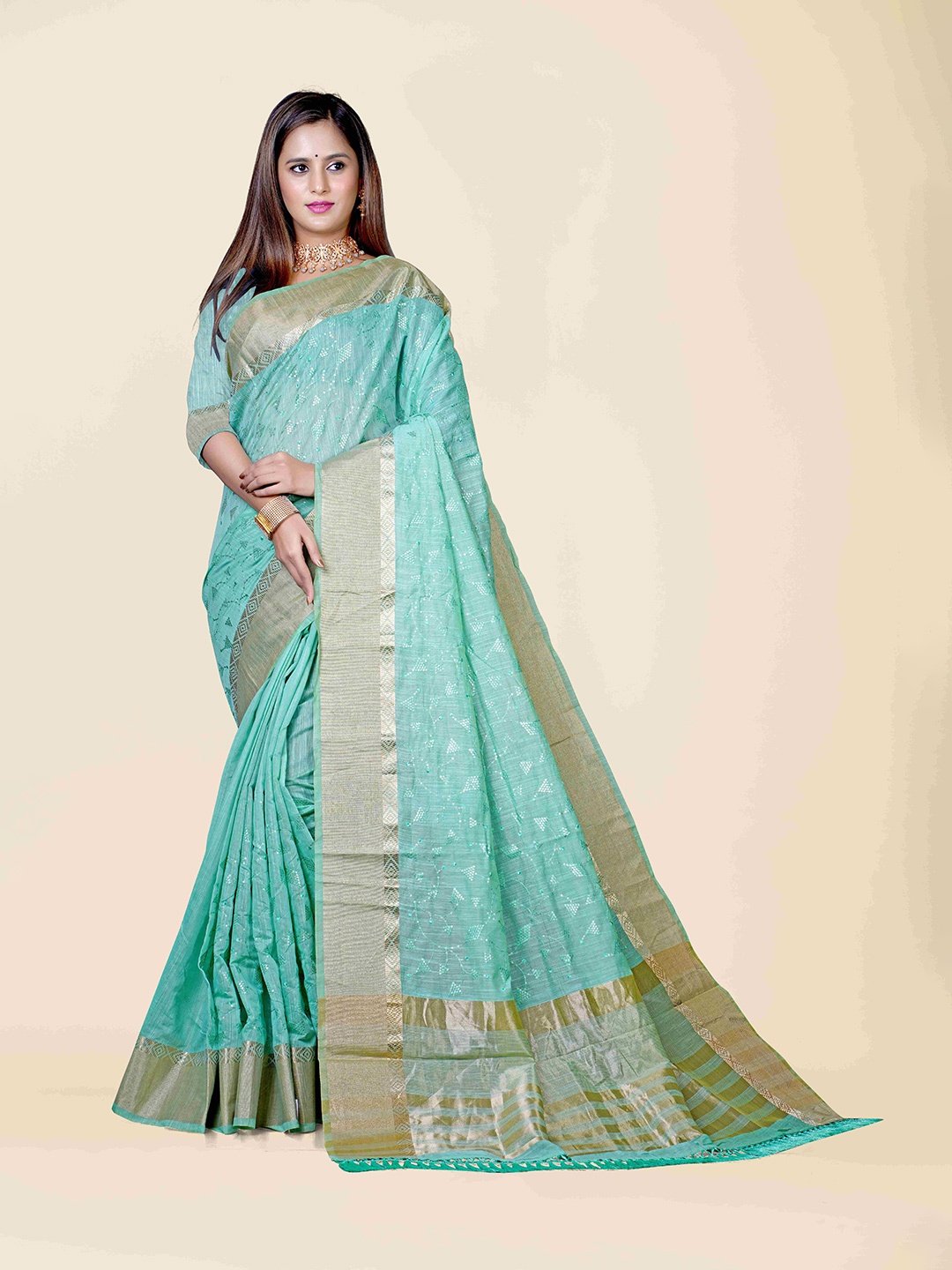 

KAJREE Green & Gold-Toned Ethnic Motifs Zari Pure Linen Tussar Saree