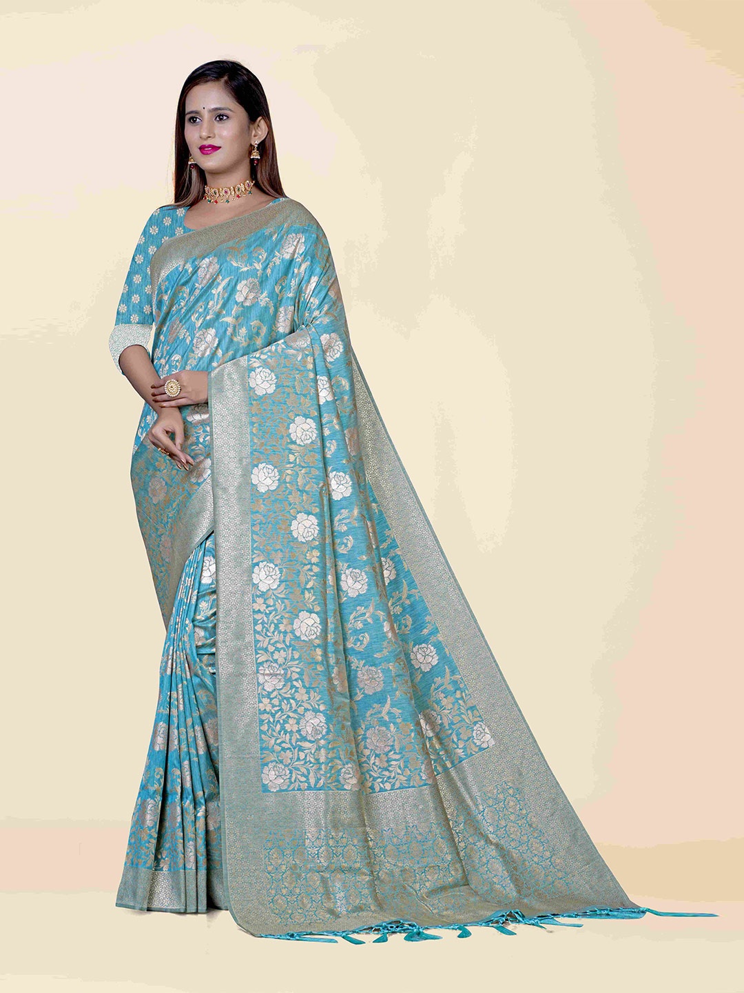

KAJREE Blue & Silver-Toned Woven Design Zari Brocade Saree