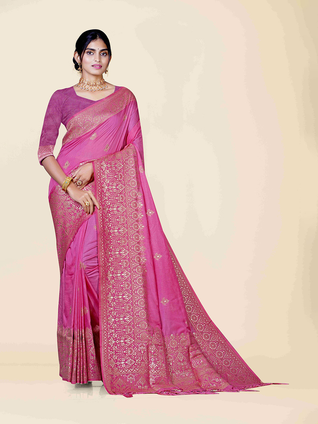 

KAJREE Pink & Gold-Toned Woven Design Zari Pure Silk Uppada Saree