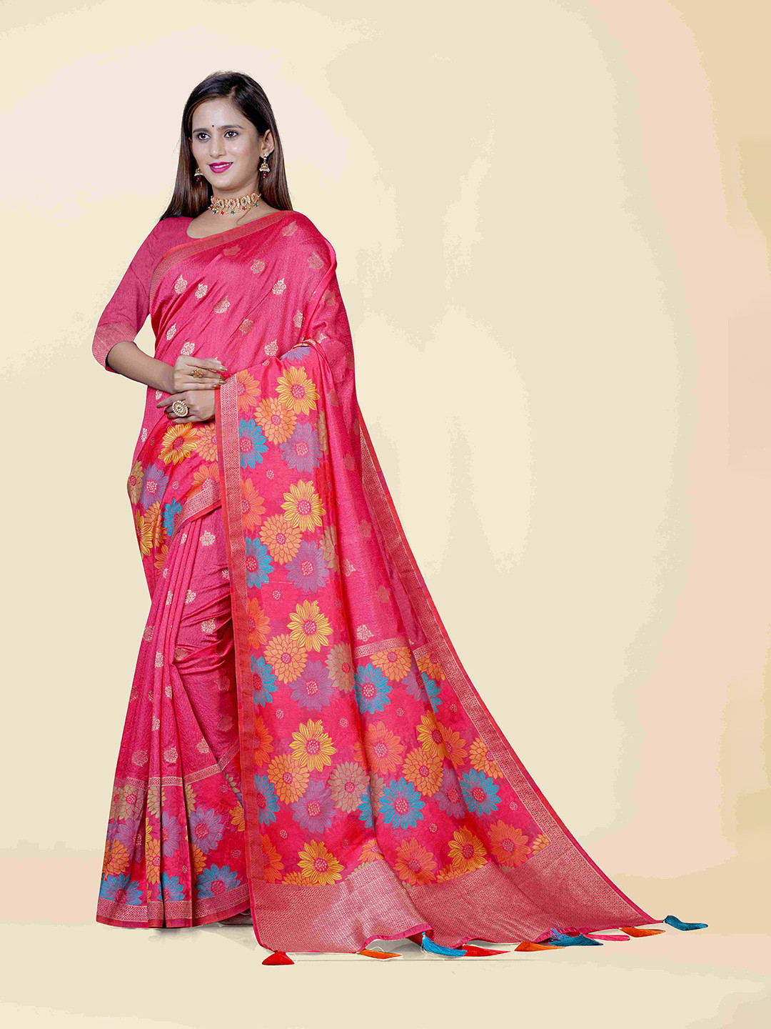 

KAJREE Pink & Gold-Toned Woven Design Zari Silk Blend Jamdani Saree