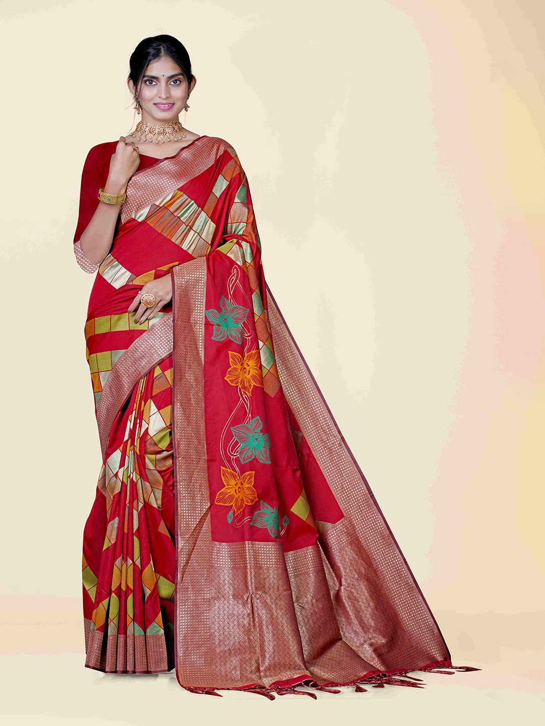 

KAJREE Red & Gold-Toned Woven Design Zari Pure Silk Maheshwari Saree