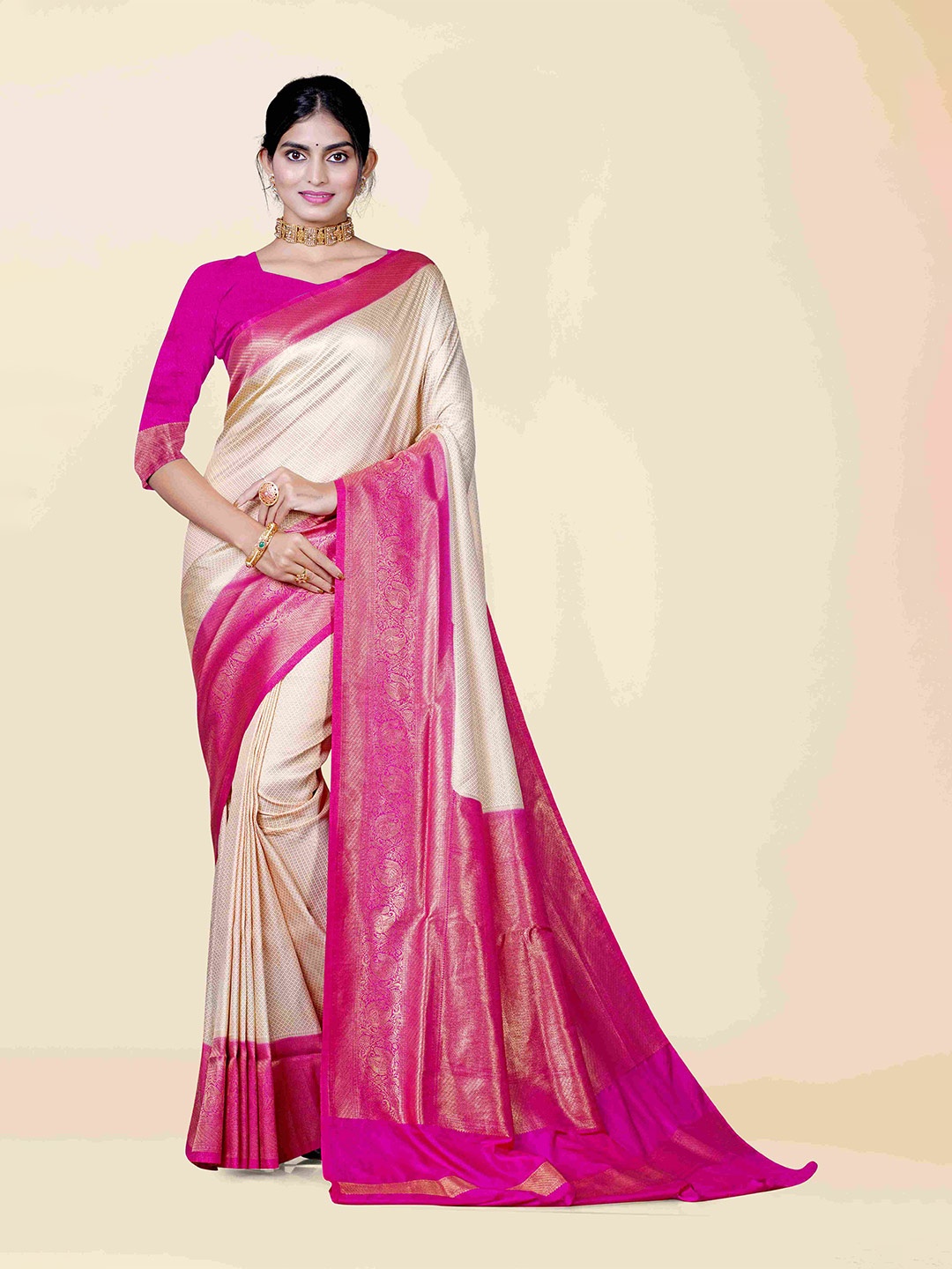 

KAJREE Cream-Coloured & Pink Woven Design Zari Brocade Kanjeevaram Saree