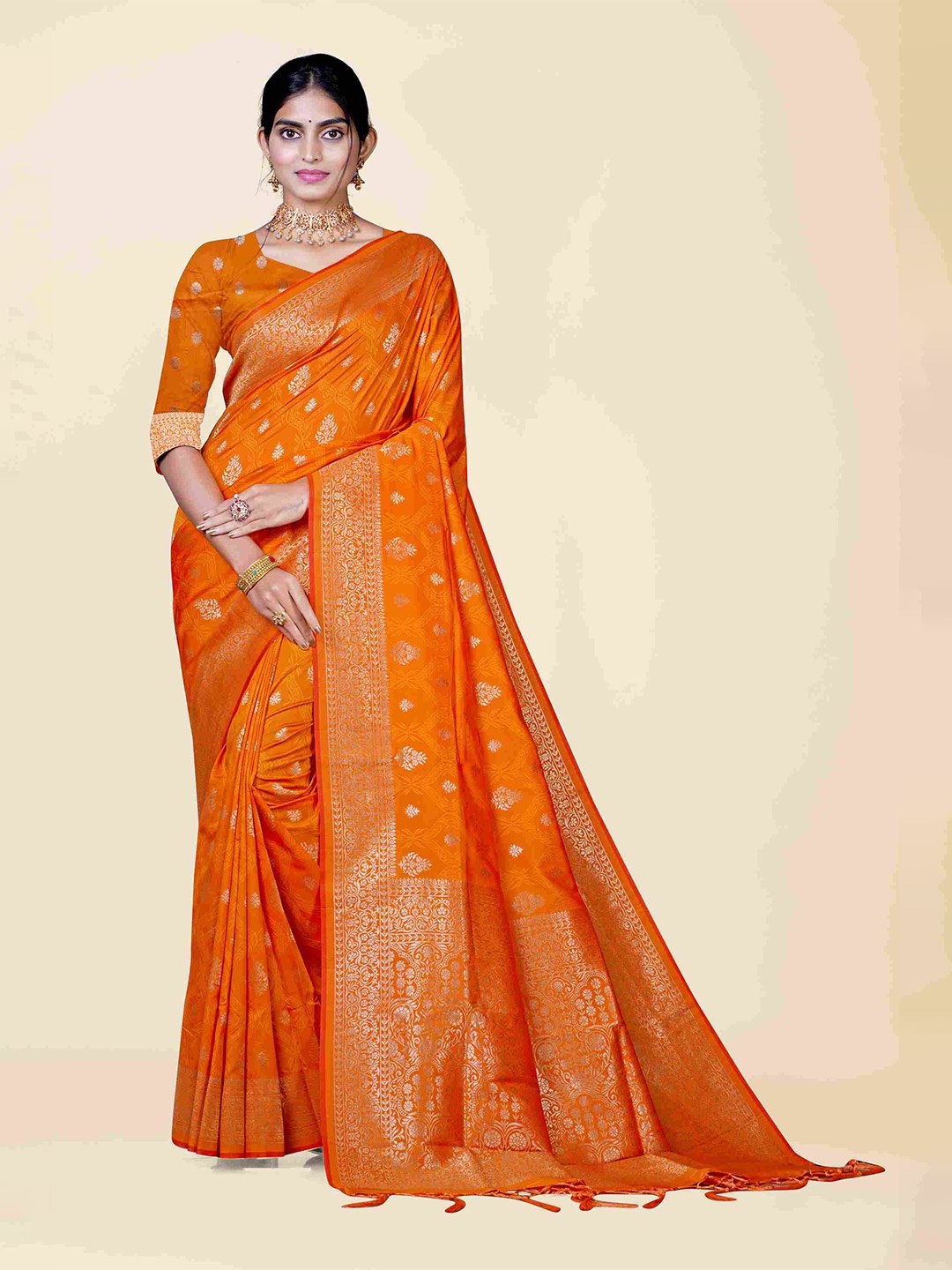 

KAJREE Orange & Gold-Toned Woven Design Zari Pure Silk Banarasi Saree