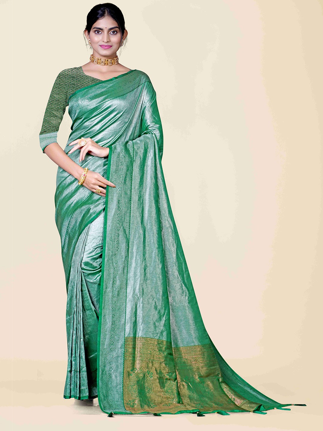 

KAJREE Green Woven Design Zari Tissue Dharmavaram Saree