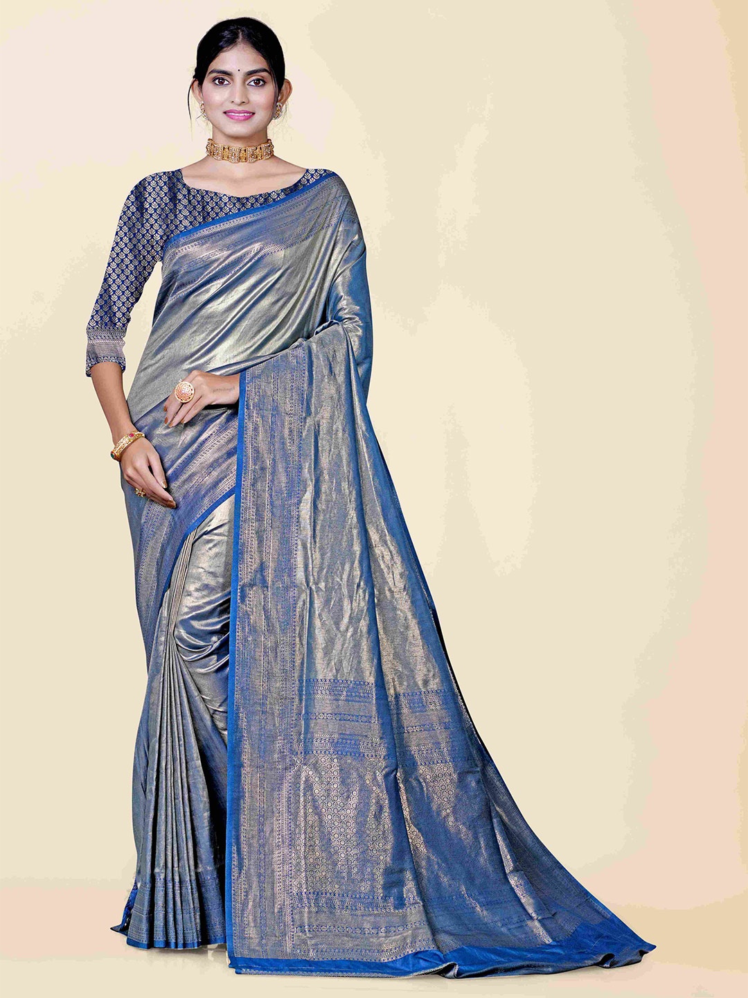 

KAJREE Blue & Gold-Toned Woven Design Zari Tissue Dharmavaram Saree