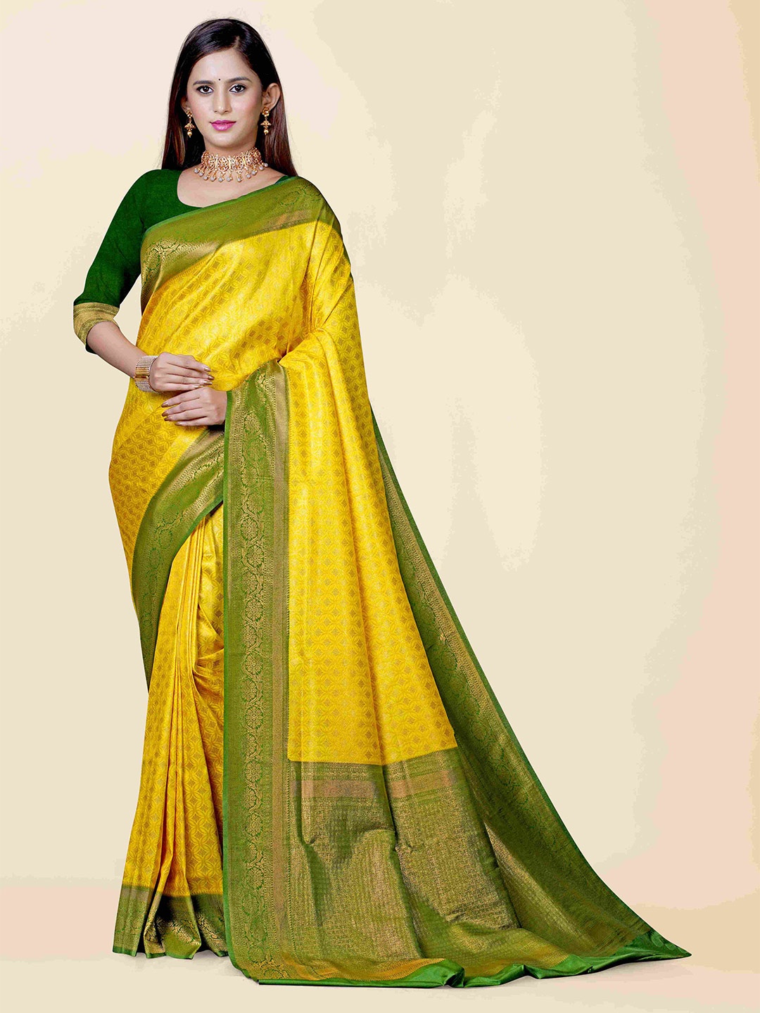 

KAJREE Yellow & Green Ethnic Motifs Zari Brocade Kanjeevaram Saree