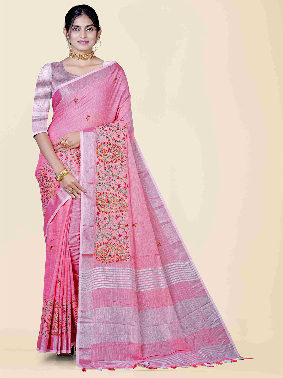 

KAJREE Pink & Orange Floral Embroidered Pure Linen Tussar Saree