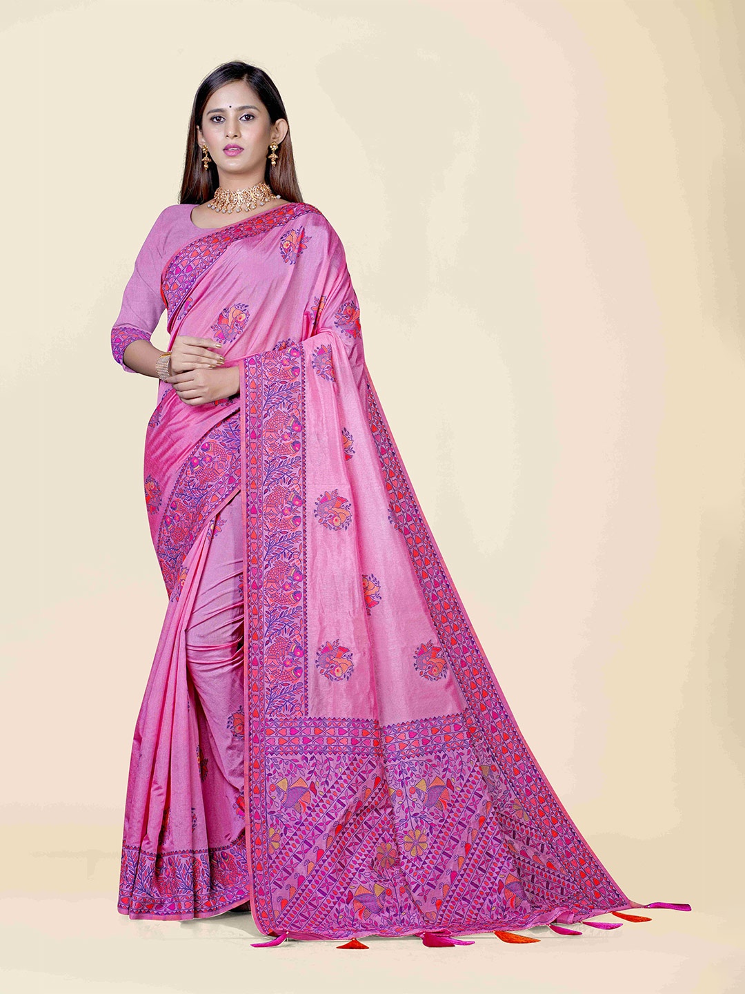 

KAJREE Pink & Blue Woven Design Silk Blend Baluchari Saree