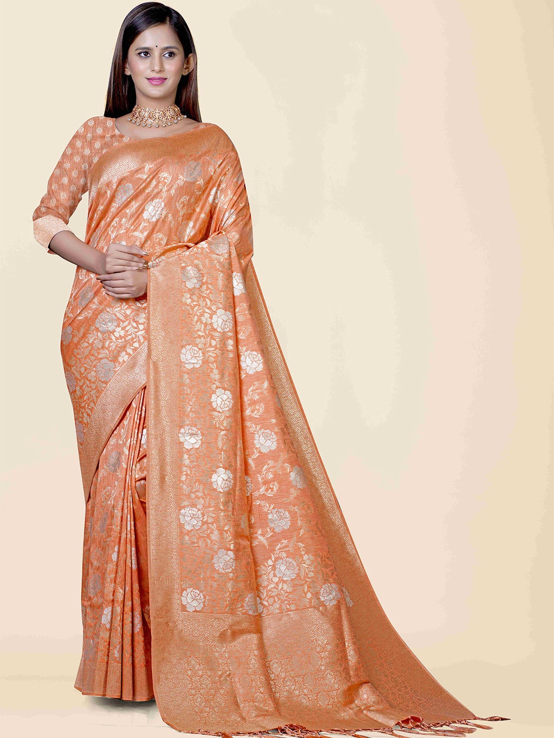 

KAJREE Orange & Gold-Toned Woven Design Brocade Saree