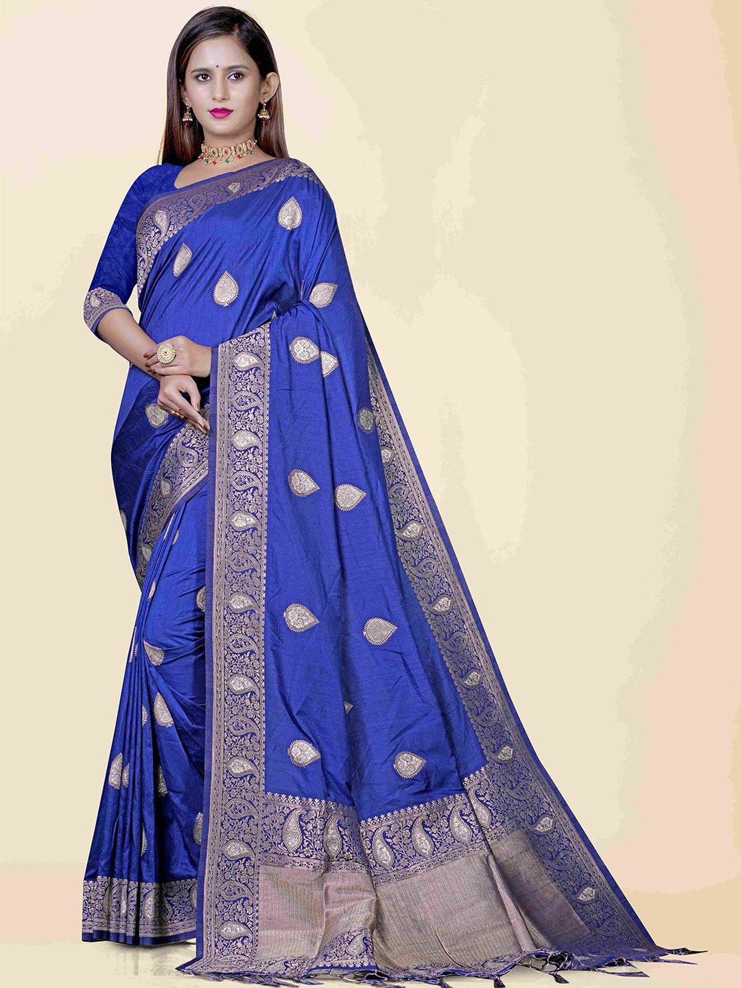 

KAJREE Navy Blue & Gold-Toned Woven Design Zari Silk Blend Uppada Saree