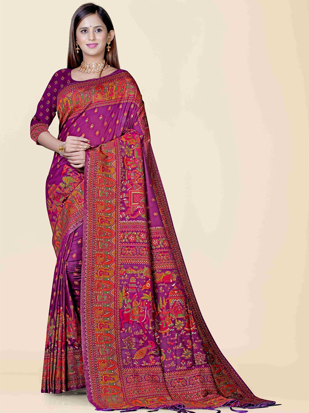 

KAJREE Burgundy & Orange Woven Design Jamdani Saree