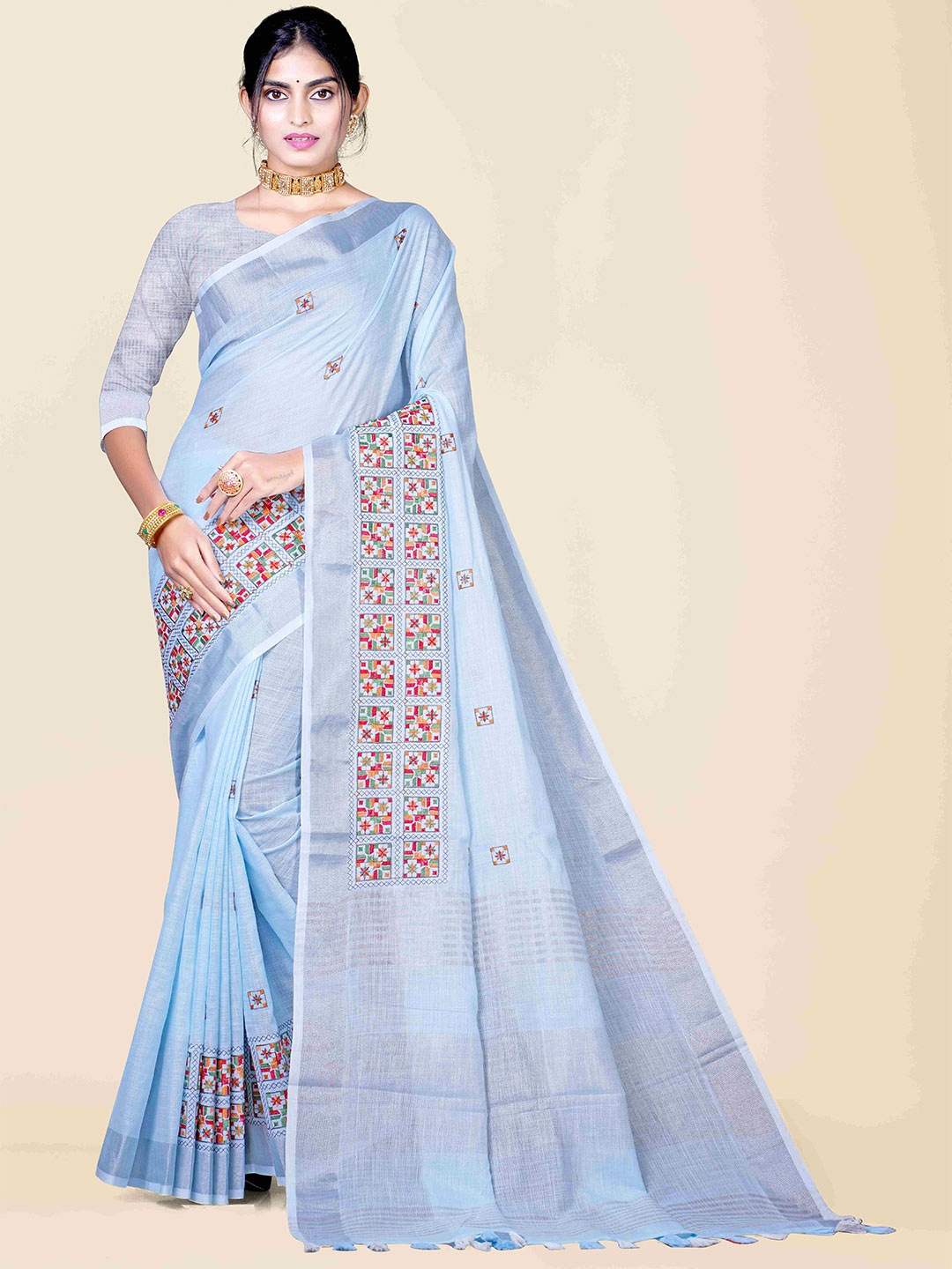 

KAJREE Blue & Red Floral Zari Pure Linen Tussar Saree