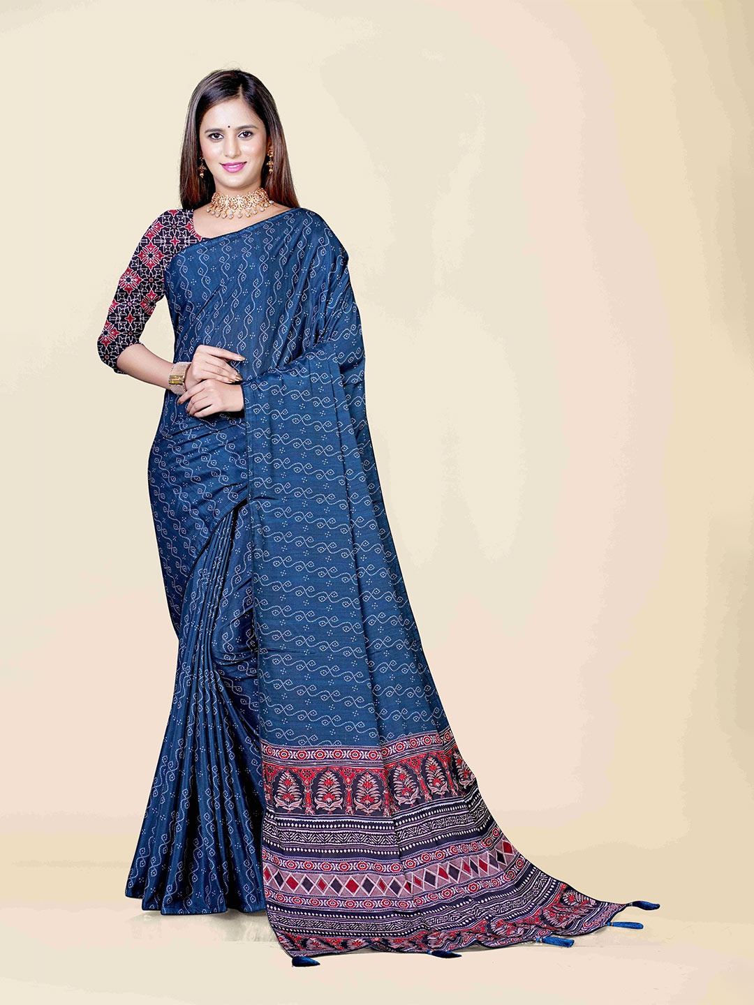 

KAJREE Turquoise Blue & Red Bagh Silk Cotton Baluchari Saree