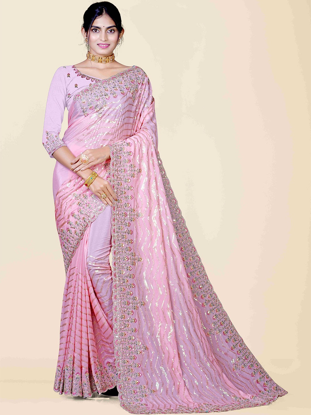 

KAJREE Pink & Gold-Toned Embellished Sequinned Pure Georgette Jamdani Saree