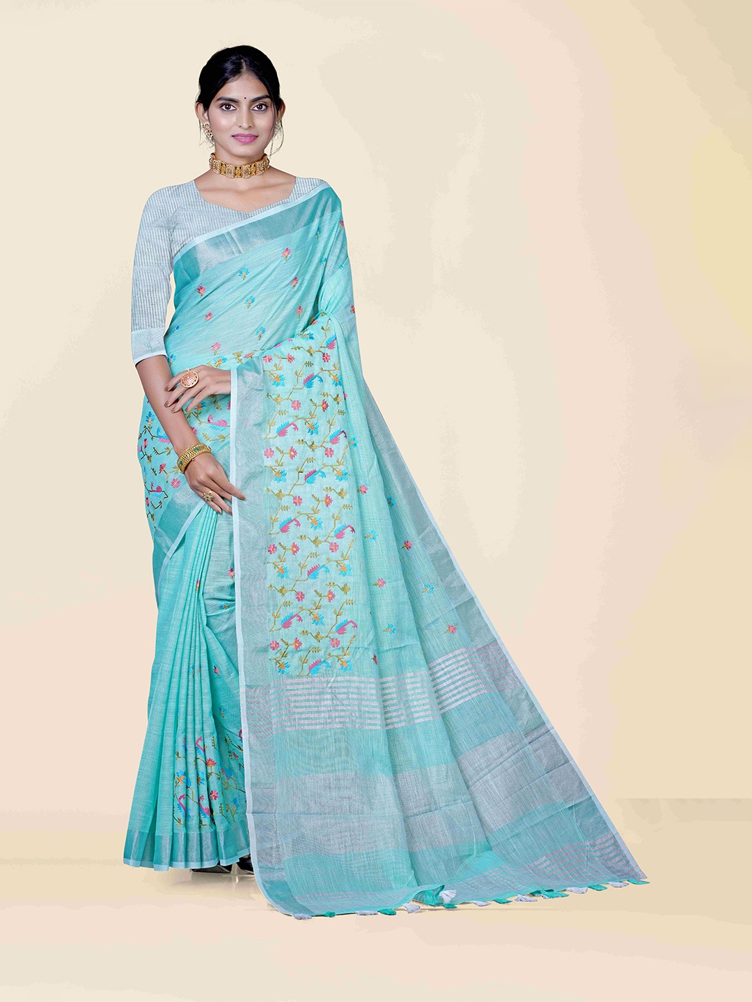

KAJREE Sea Green & Pink Floral Zari Pure Linen Tussar Saree