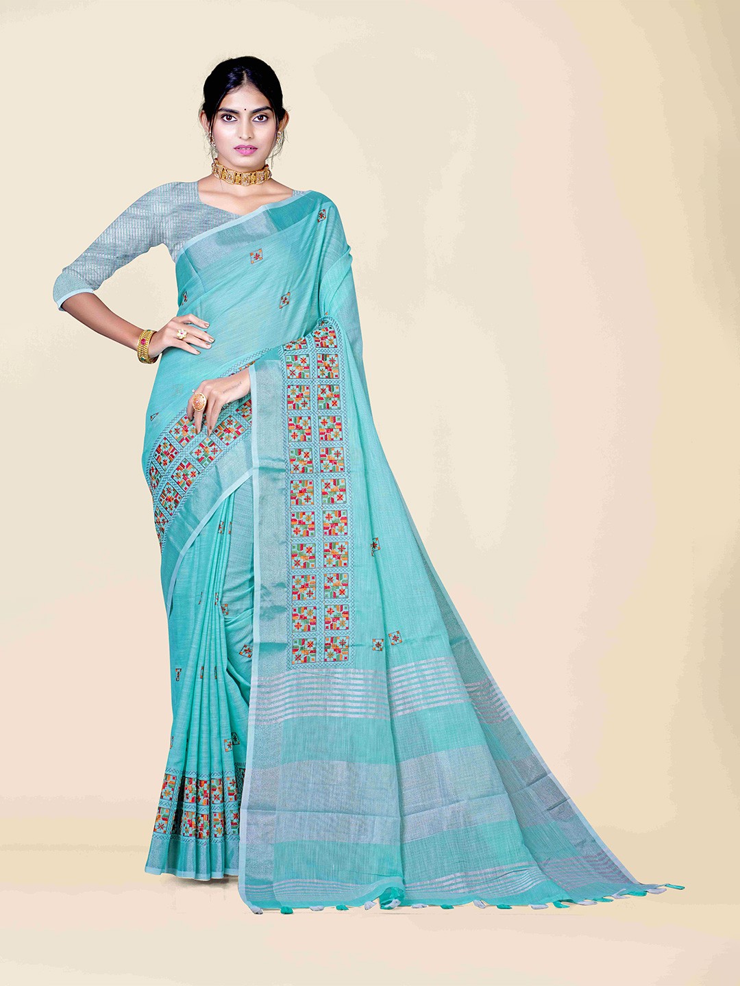 

KAJREE Sea Green & Red Floral Zari Pure Linen Tussar Saree