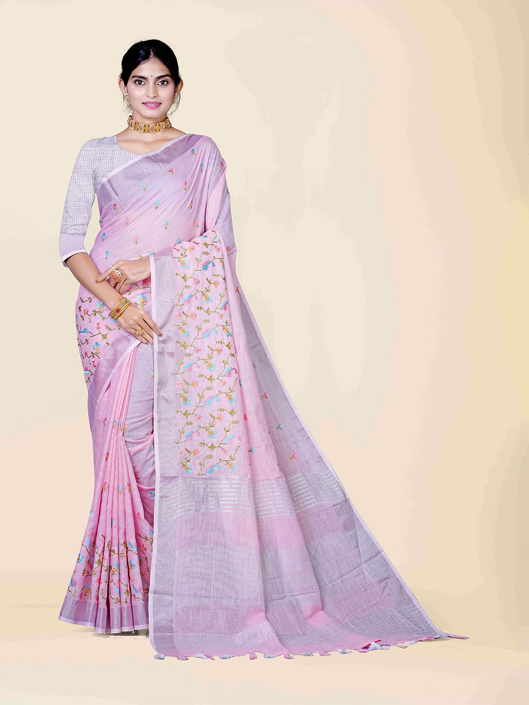 

KAJREE Pink & Blue Floral Embroidered Pure Linen Saree