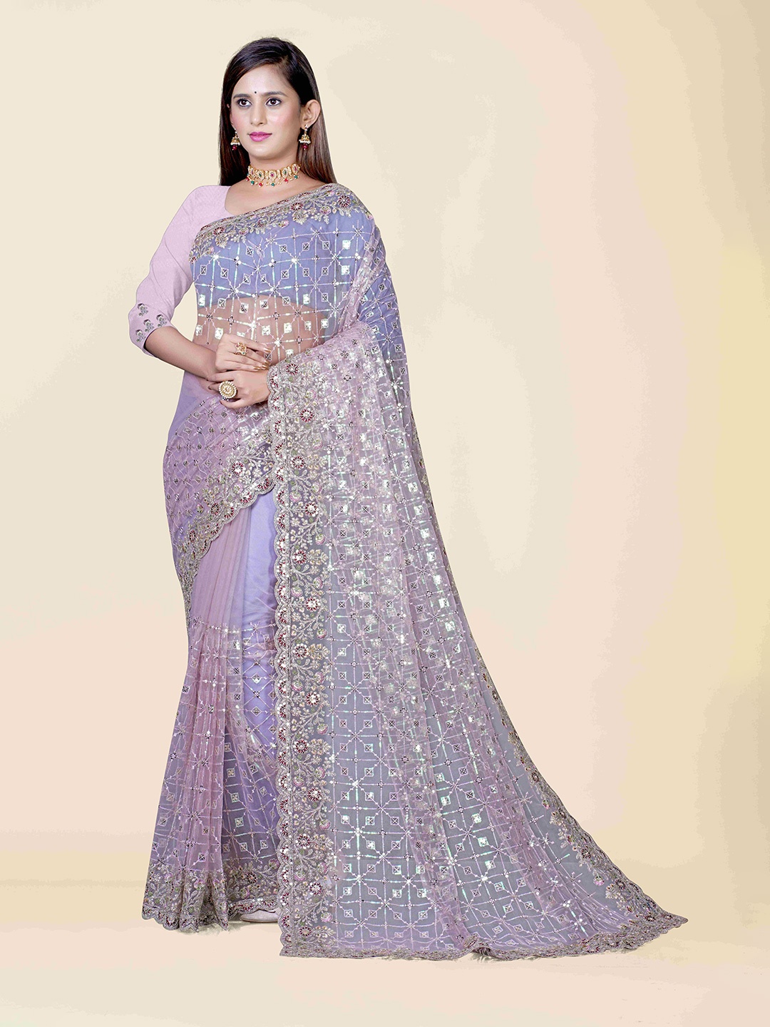 

KAJREE Lavender & Silver-Toned Embellished Sequinned Net Jamdani Saree