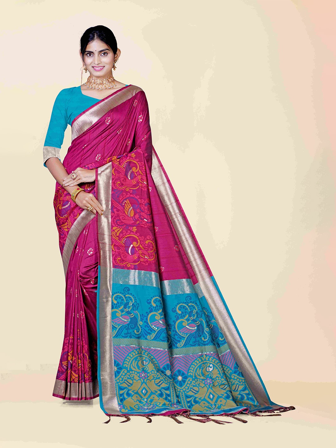 

KAJREE Burgundy & Blue Woven Design Zari Pure Silk Uppada Saree