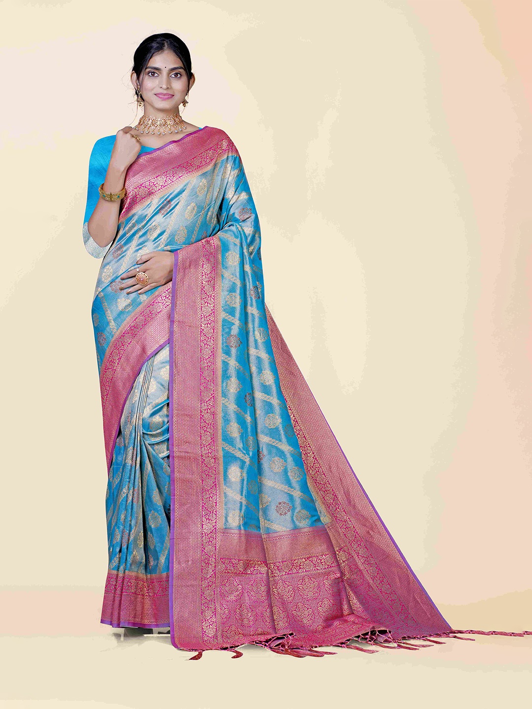

KAJREE Turquoise Blue & Pink Woven Design Zari Tissue Dharmavaram Saree