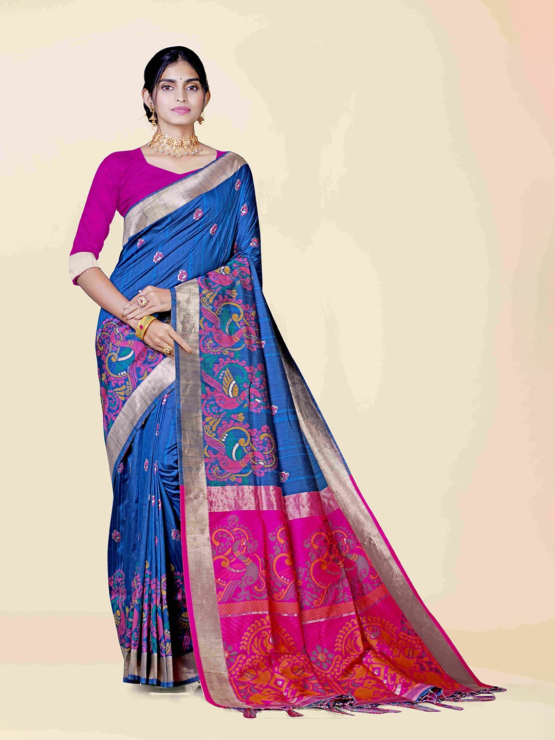 

KAJREE Navy Blue & Pink Woven Design Zari Pure Silk Uppada Saree