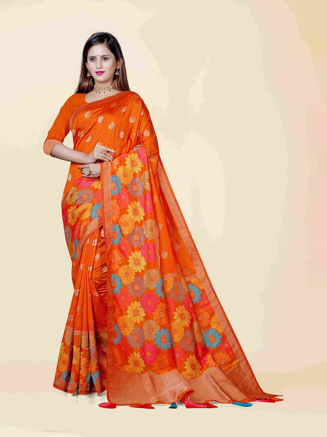 

KAJREE Orange & Yellow Woven Design Zari Silk Blend Jamdani Saree
