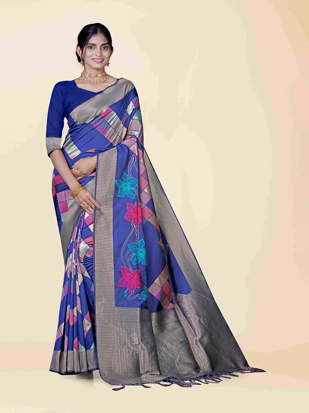 

KAJREE Blue & Pink Woven Design Zari Pure Silk Maheshwari Saree