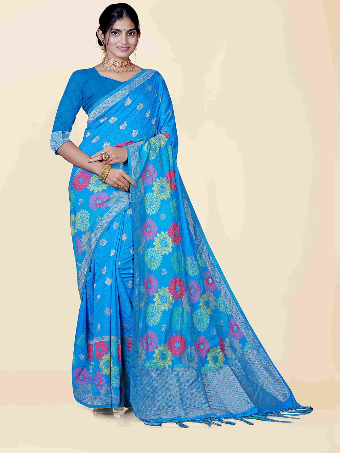 

KAJREE Blue & Pink Woven Design Zari Silk Blend Jamdani Saree