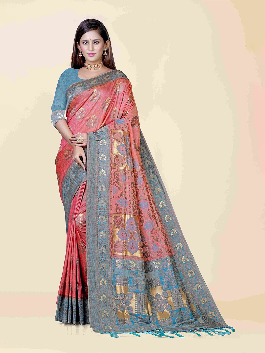 

KAJREE Pink & Grey Floral Zari Tissue Banarasi Saree